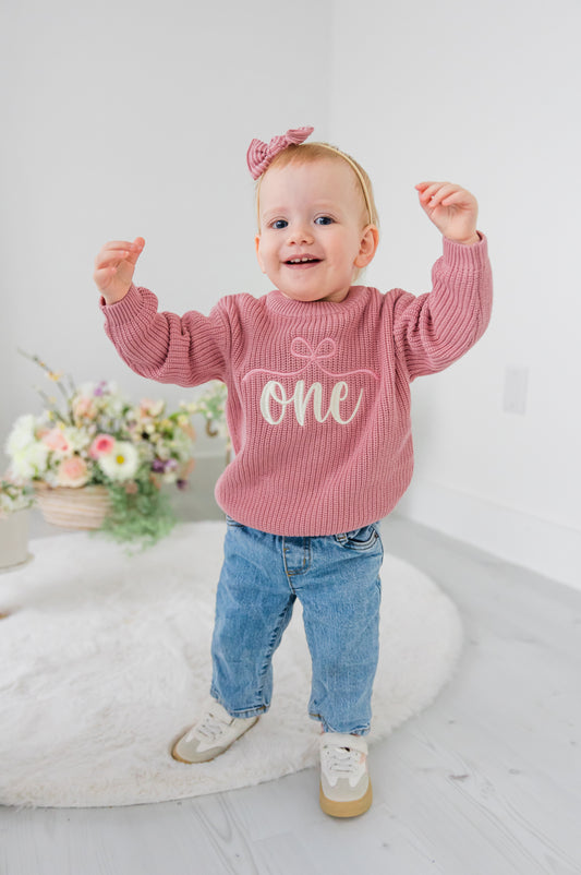 Custom Girls Bow ONE Sweater - First Birthday Outfit