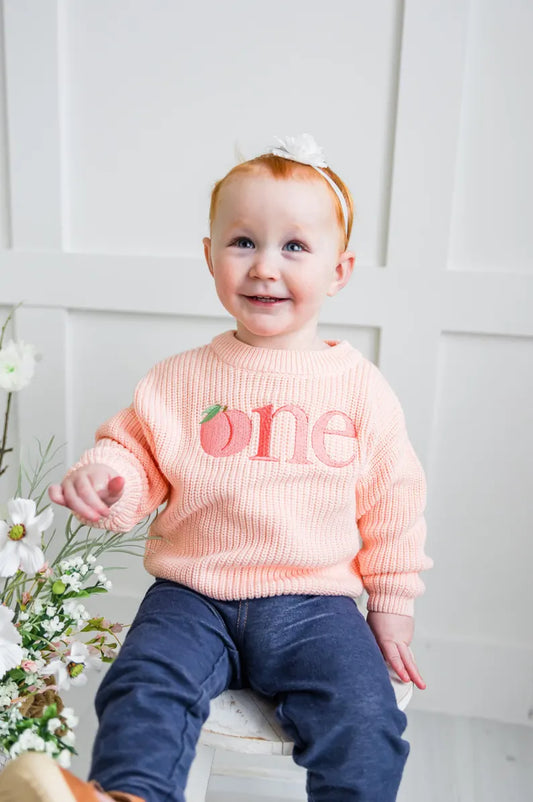 Custom Peach ONE Sweater - Girls First Birthday Outfit