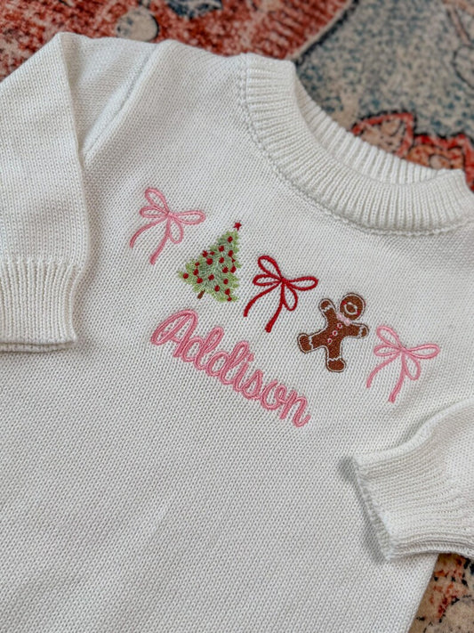 Custom Christmas Tree, Bow, and Gingerbread Romper - Kids Personalized Christmas Outfit