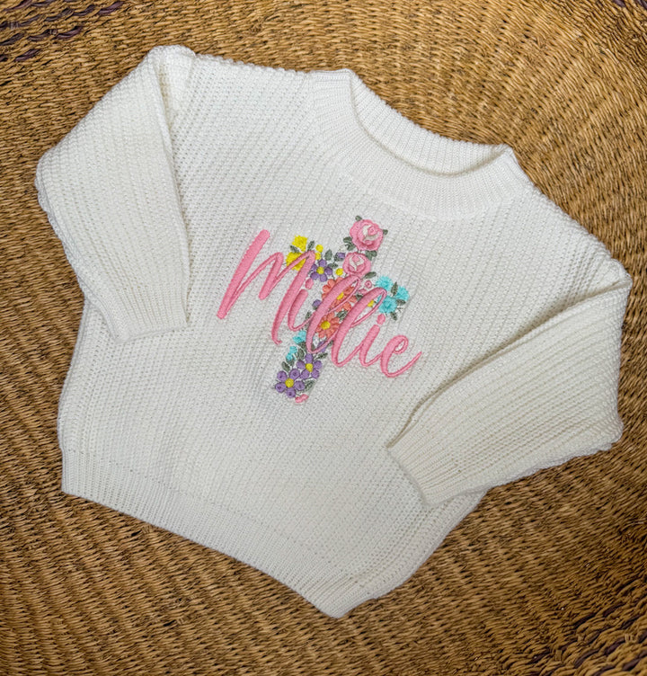 Floral Cross Sweater - Girls Personalized Outfit