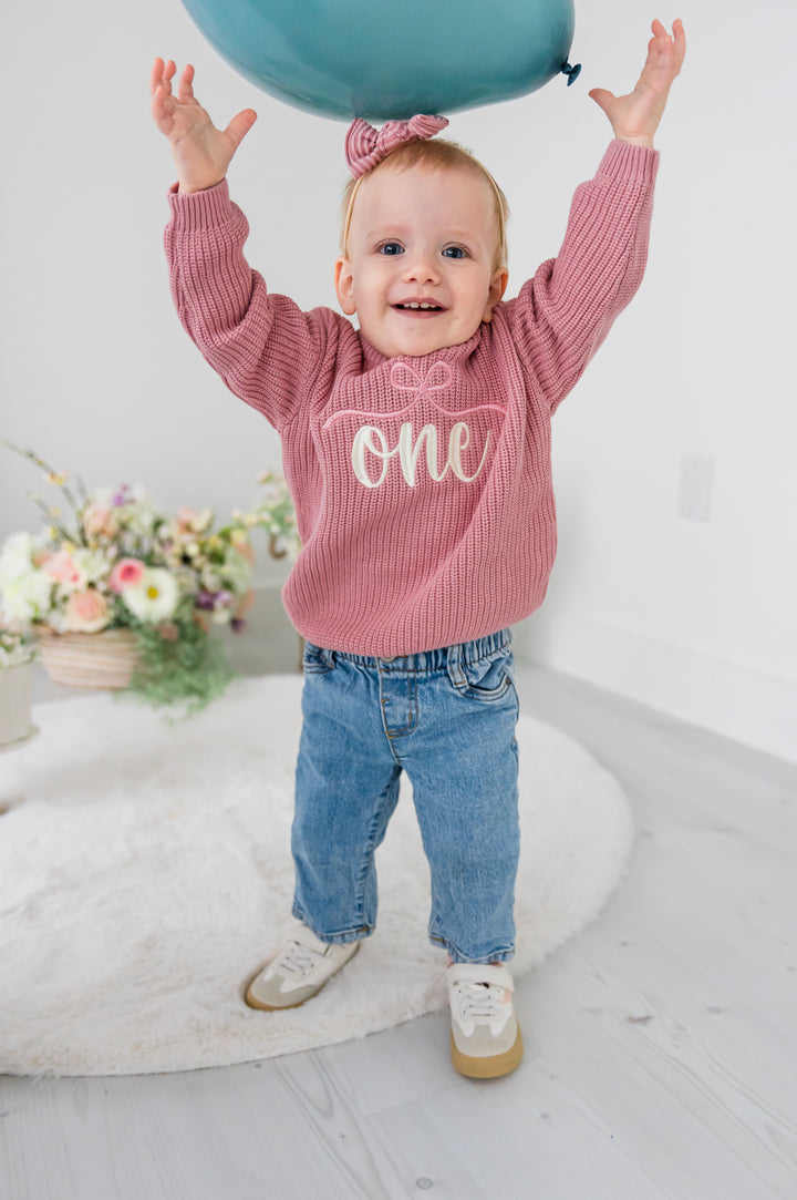Girls Bow ONE Sweater - First Birthday Outfit