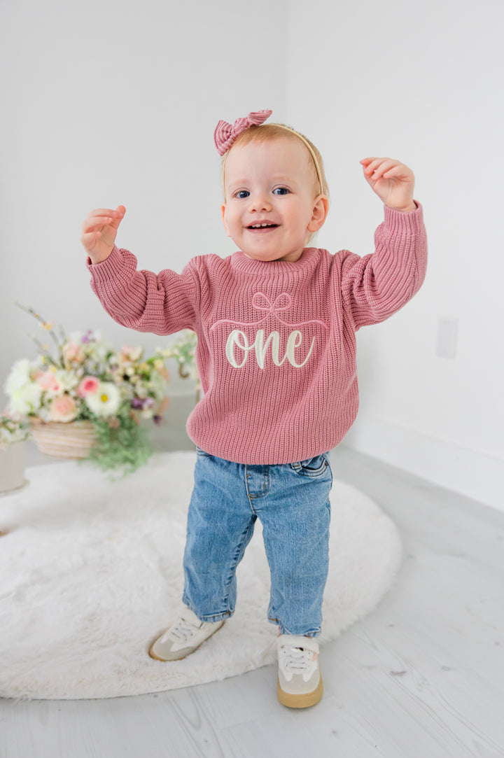 Girls Bow ONE Sweater - First Birthday Outfit
