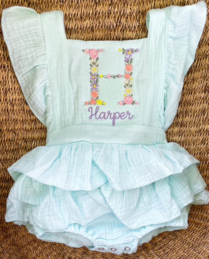 Floral Initial & Name Romper – Girls Personalized Outfit