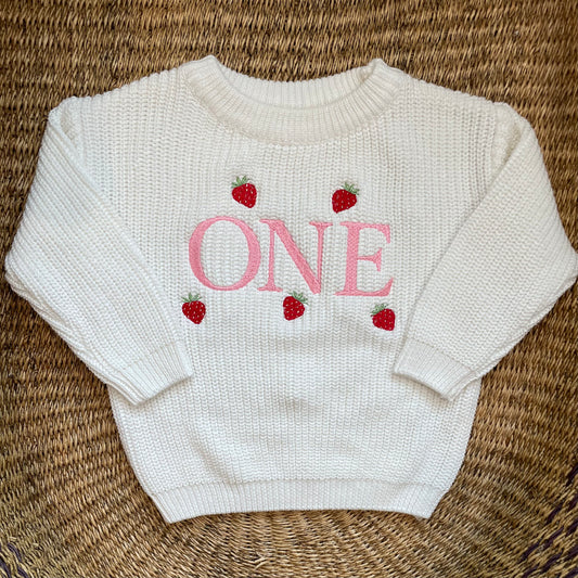 Custom Strawberry Decorated ONE Sweater – Kids First Birthday Outfit