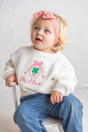 Personalized St. Patrick's Day Baby Sweater - Custom Name Clover Knit - Pink Bow Toddler Top