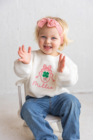 Personalized St. Patrick's Day Baby Sweater - Custom Name Clover Knit - Pink Bow Toddler Top
