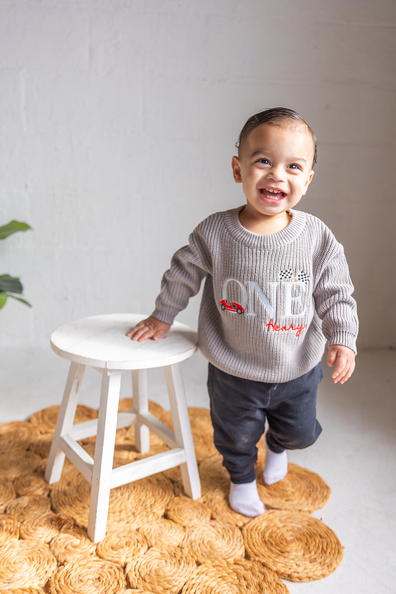 Two Fast Second Birthday Sweater - Personalized Chunky Knit Race Car Milestone Baby Outfit