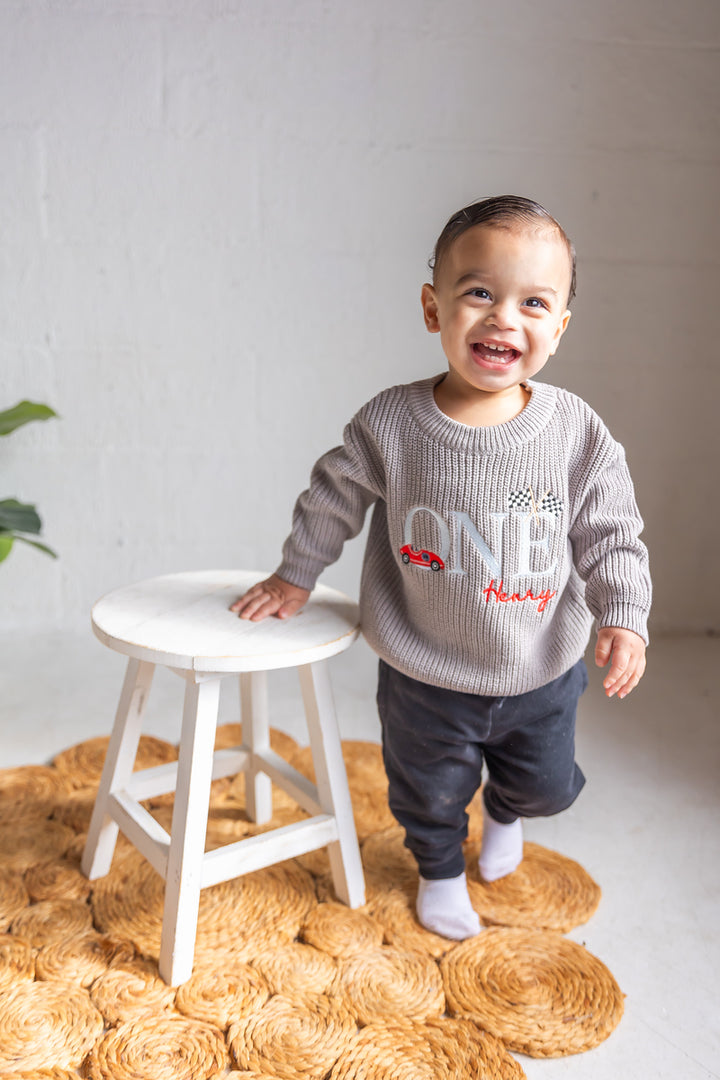 Two Fast Second Birthday Sweater - Personalized Chunky Knit Race Car Milestone Baby Outfit