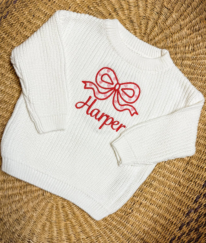 Baby Girls Valentine Sweater - Bow Embroidered Valentine Outfit