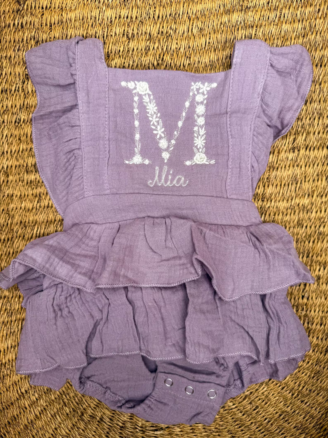Floral Initial Embroidered Baby Romper: Personalized Ruffle Dress