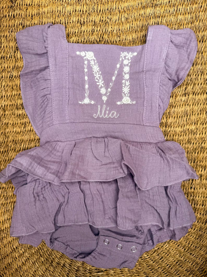Floral Initial Embroidered Baby Romper: Personalized Ruffle Dress