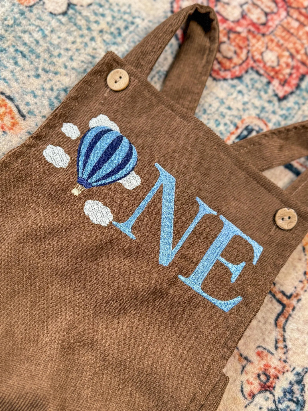 Hot Air Balloon Embroidered Corduroy Romper – First Birthday Outfit