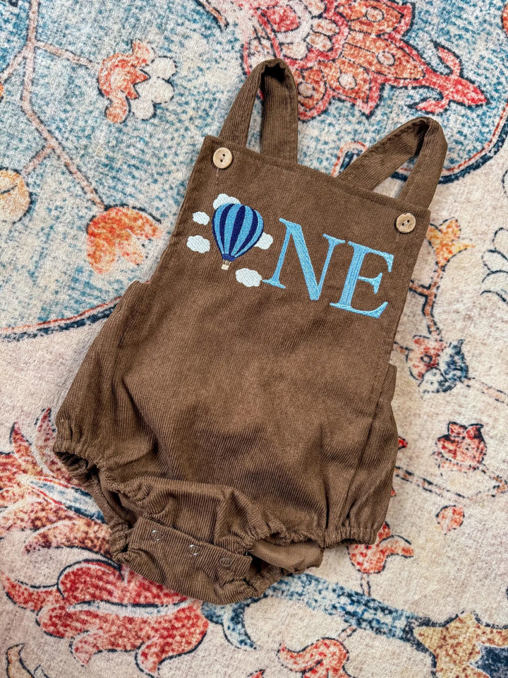 Hot Air Balloon Embroidered Corduroy Romper – First Birthday Outfit