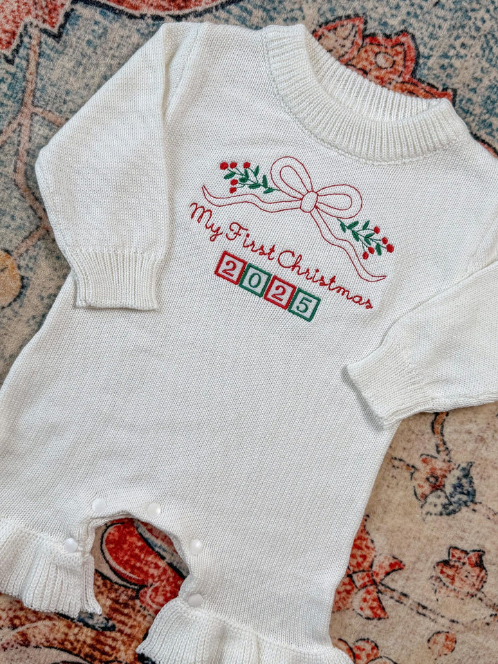 First Christmas Bow Romper - Kids Personalized Outfit