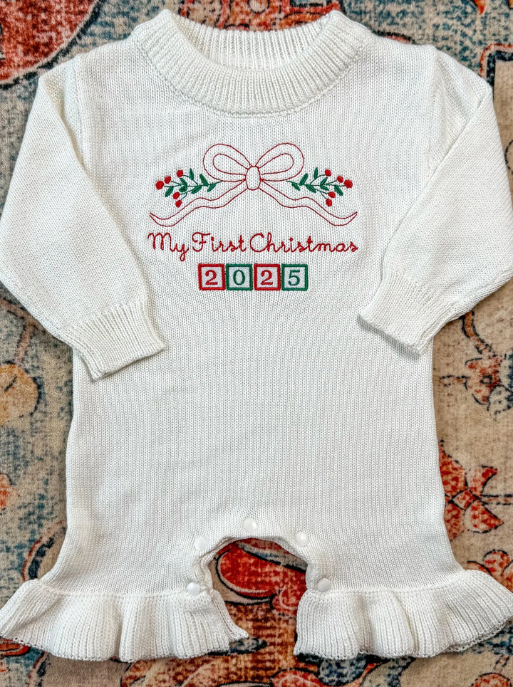 First Christmas Bow Romper - Kids Personalized Outfit