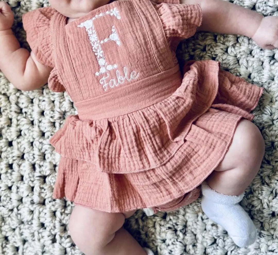Floral Initial Embroidered Baby Romper: Personalized Ruffle Dress