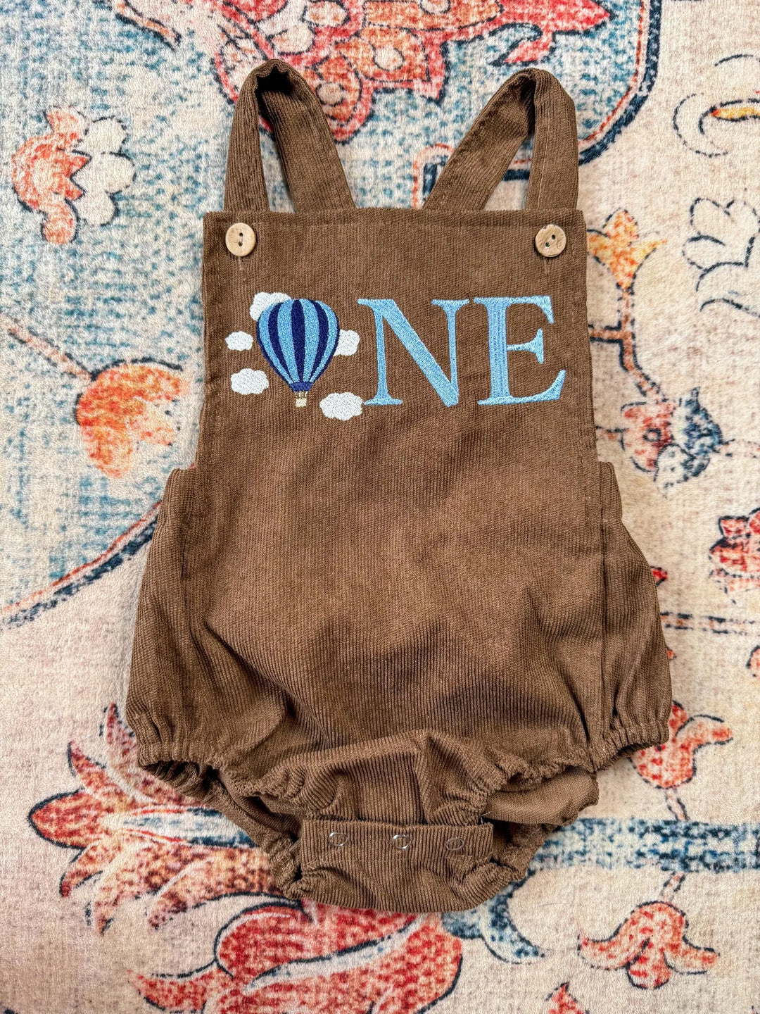 Hot Air Balloon Embroidered Corduroy Romper – First Birthday Outfit