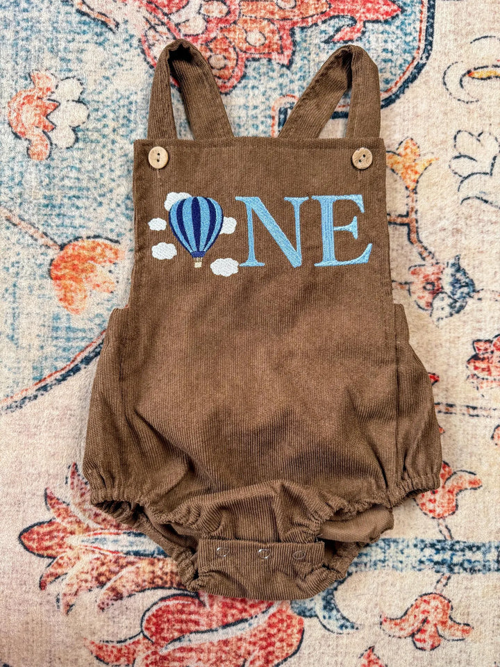 Hot Air Balloon Embroidered Corduroy Romper – First Birthday Outfit
