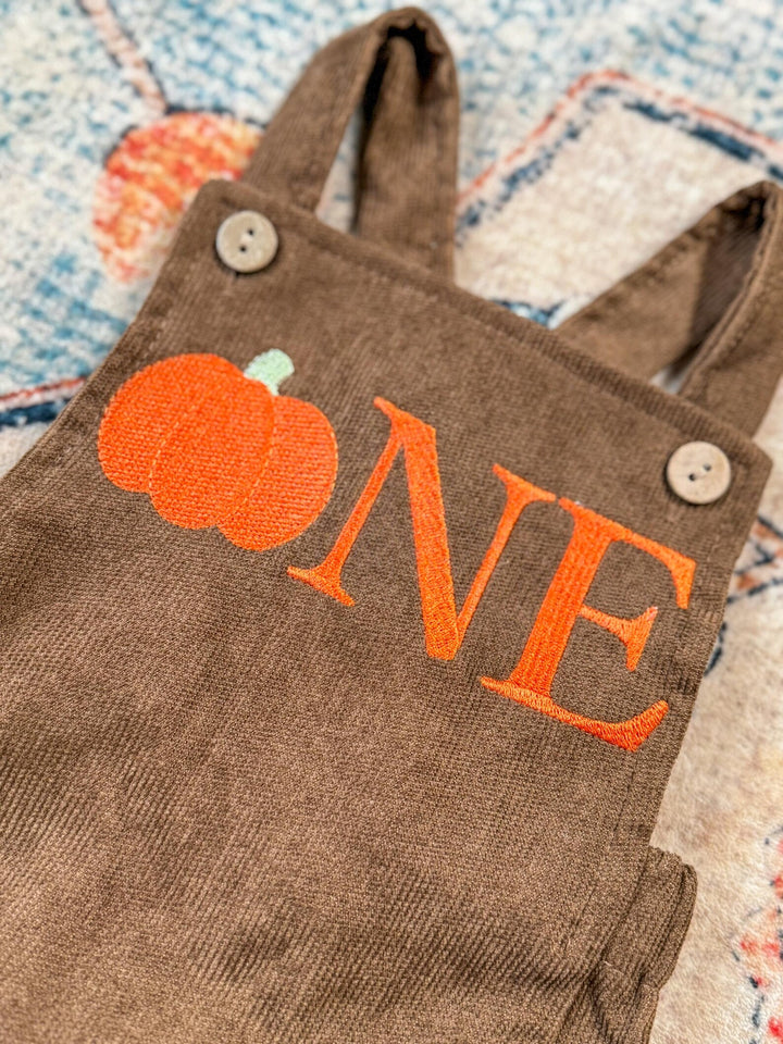 Embroidered Pumpkin First Birthday Romper – Brown Corduroy Outfit
