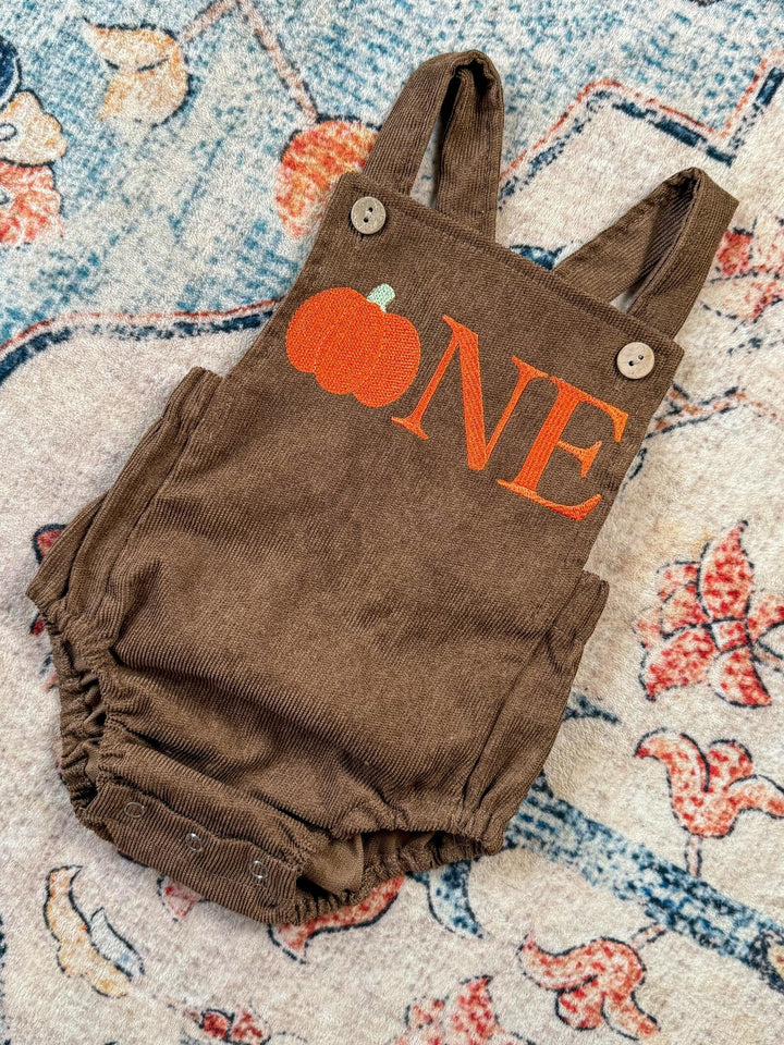 Embroidered Pumpkin First Birthday Romper – Brown Corduroy Outfit