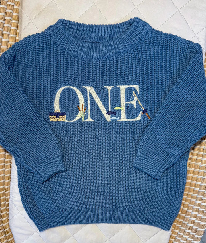 Fishing First Birthday Sweater – Embroidered “ONE” Cotton Outfit