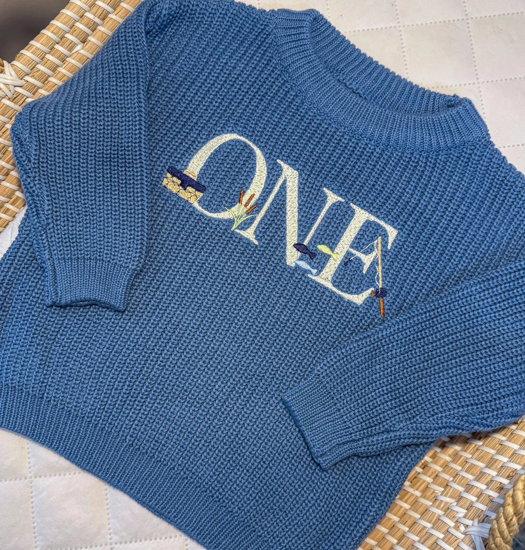 Fishing First Birthday Sweater – Embroidered “ONE” Cotton Outfit