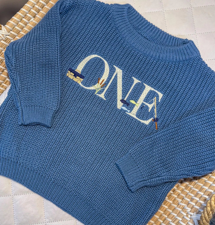 Fishing First Birthday Sweater – Embroidered “ONE” Cotton Outfit