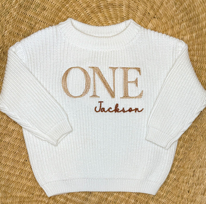 ONE + Name Embroidered First Birthday Sweater – Personalized Knit Cake Smash Outfit