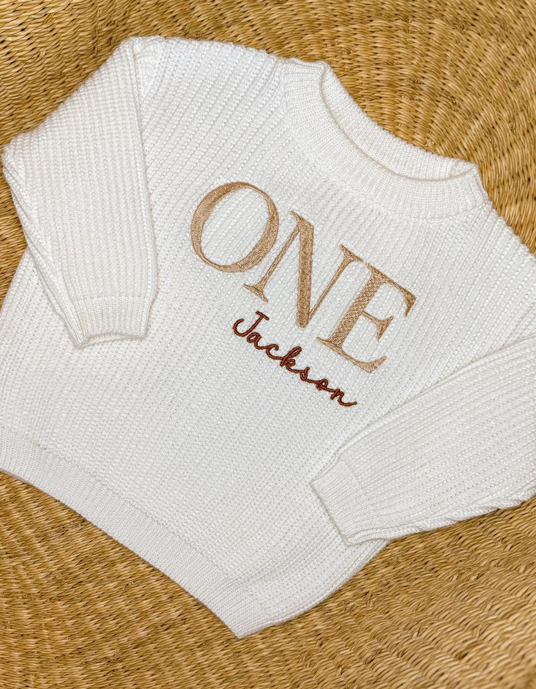 ONE + Name Embroidered First Birthday Sweater – Personalized Knit Cake Smash Outfit
