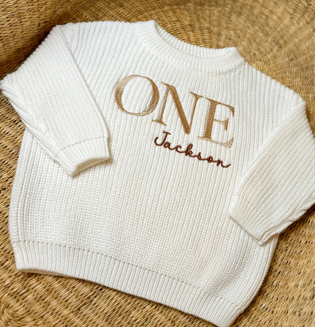 ONE + Name Embroidered First Birthday Sweater – Personalized Knit Cake Smash Outfit