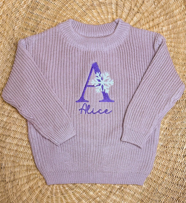 Custom Embroidered Baby Sweater, Snowflake Initial, Personalized Winter Outfit