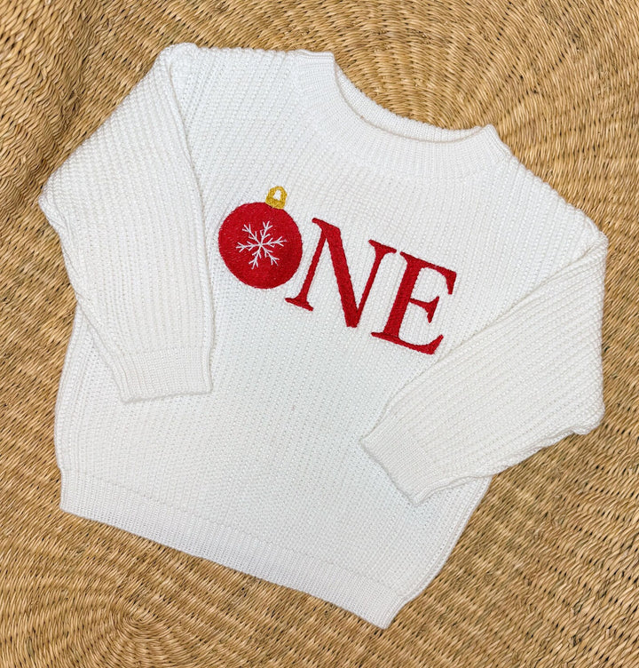 Christmas First Birthday Outfit • Embroidered Ornament Cotton Sweater