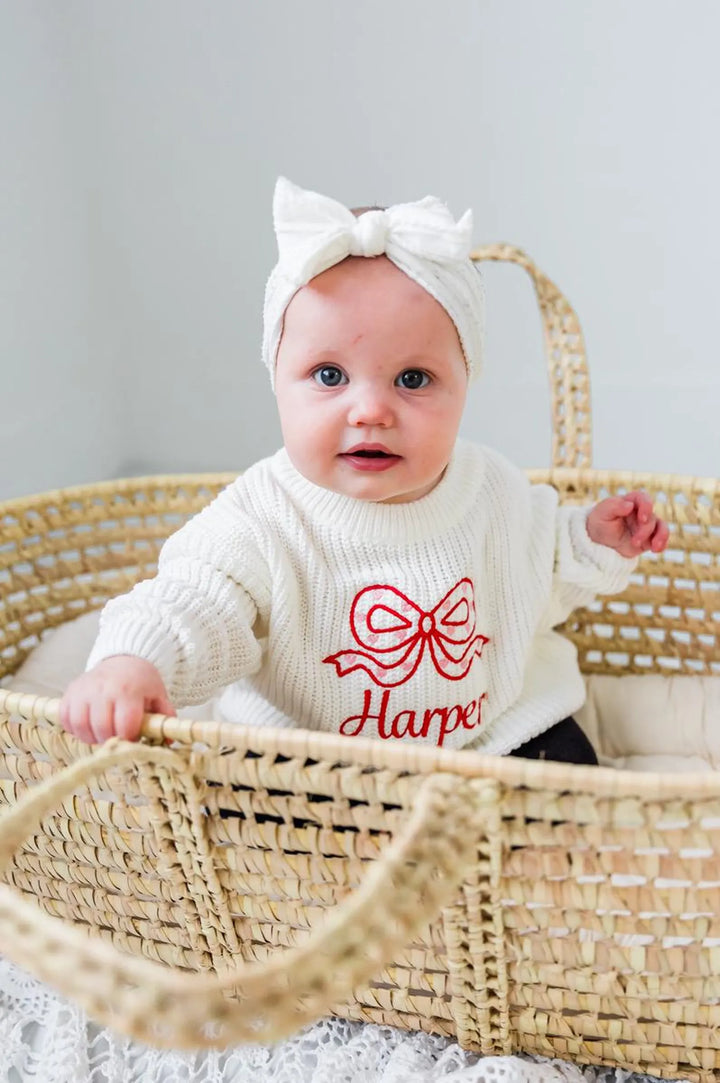 Baby Girls Valentine Sweater - Bow Embroidered Valentine Outfit