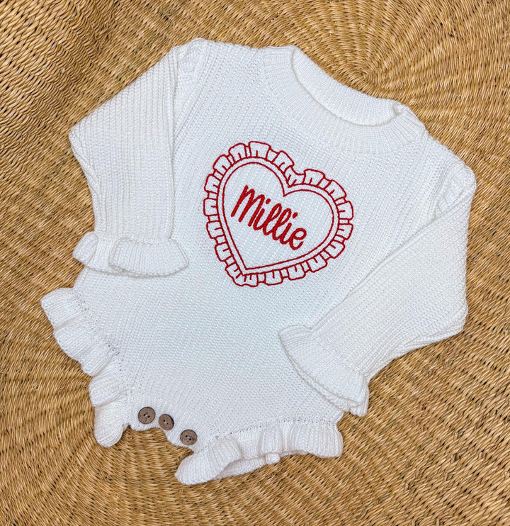 Baby Girls Valentine Outfit - Valentines Embroidered Knit Romper