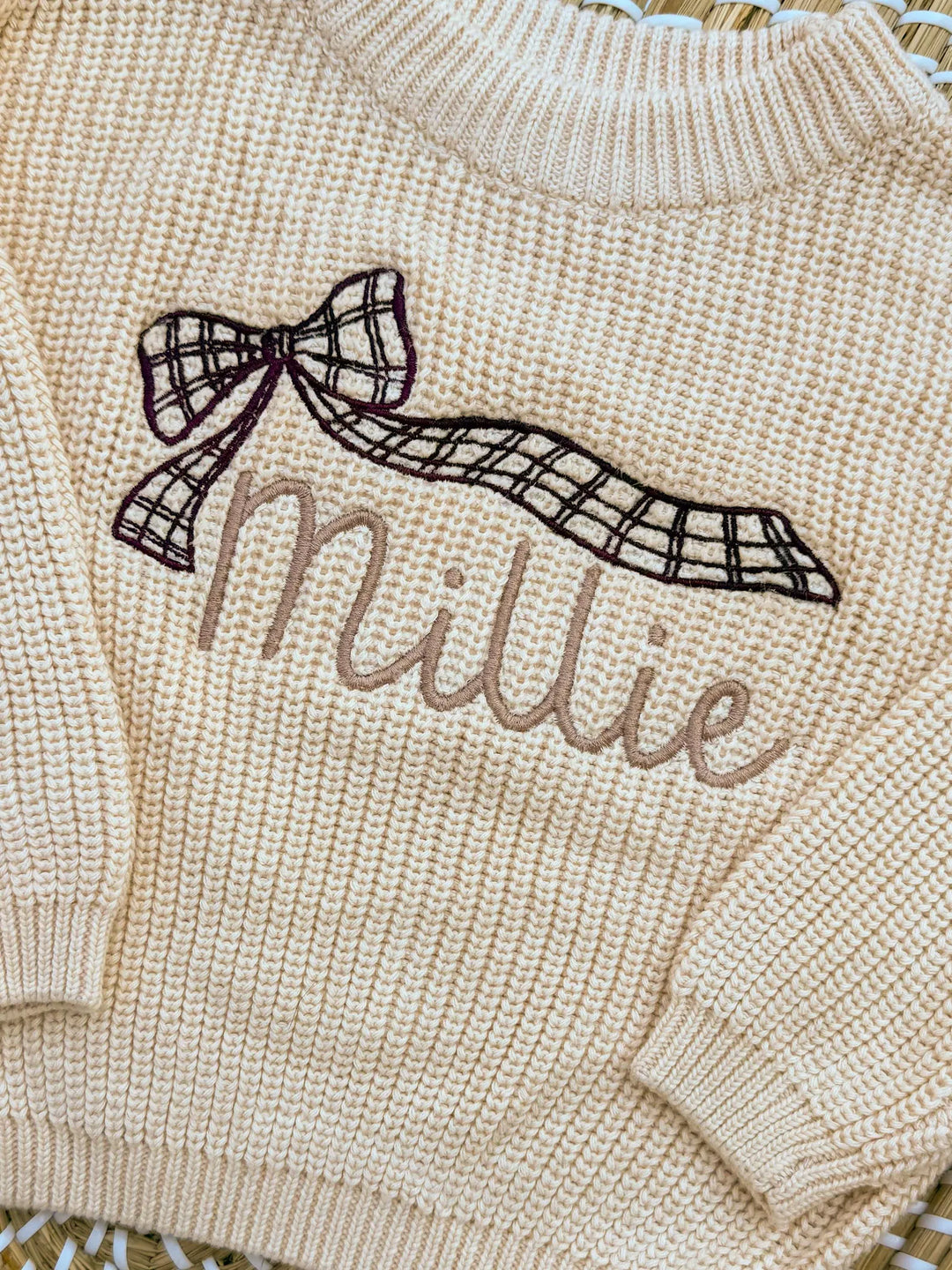 Personalized Baby Girl Knit Sweater – Embroidered Gingham Bow Name