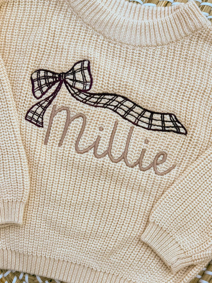 Personalized Baby Girl Knit Sweater – Embroidered Gingham Bow Name