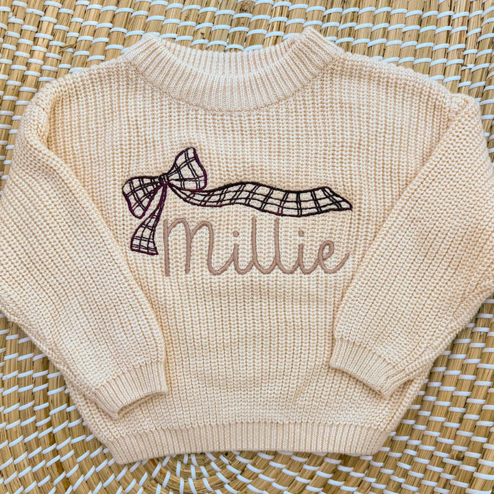 Personalized Baby Girl Knit Sweater – Embroidered Gingham Bow Name