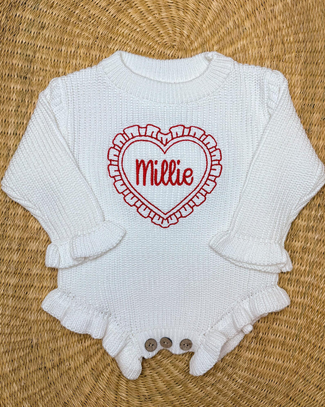 Baby Girls Valentine Outfit - Valentines Embroidered Knit Romper