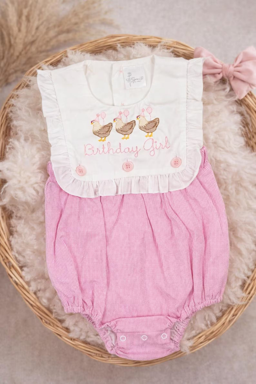Birthday Girl Chicken Bubble Romper - Personalized Gingham Bib Front Milestone Baby Outfit