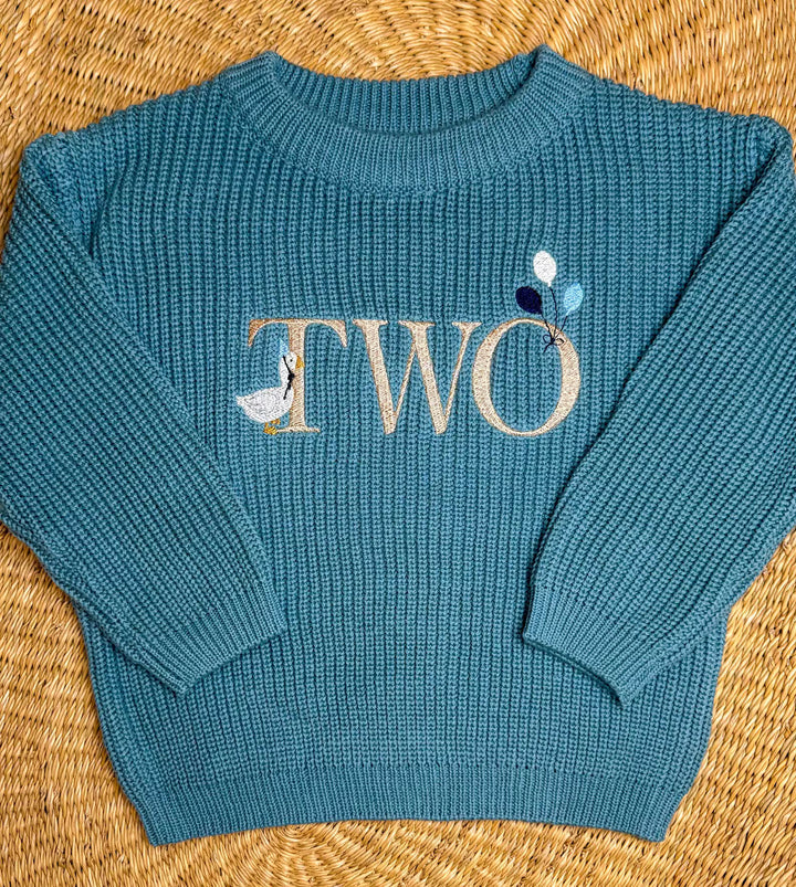 Embroidered Goose 2nd Birthday Sweater – Silly Goose Theme Cotton Knit