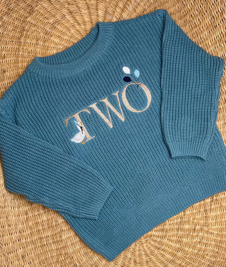 Embroidered Goose 2nd Birthday Sweater – Silly Goose Theme Cotton Knit