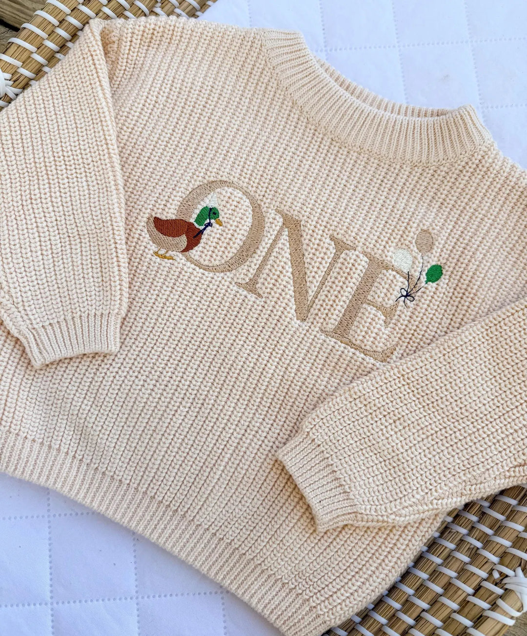 Custom Embroidered "One Lucky Duck" - First Birthday Sweater