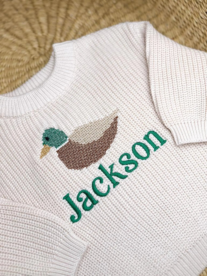 Personalized Cross Stitch Duck Sweater | Embroidered Baby Toddler Knit Pullover