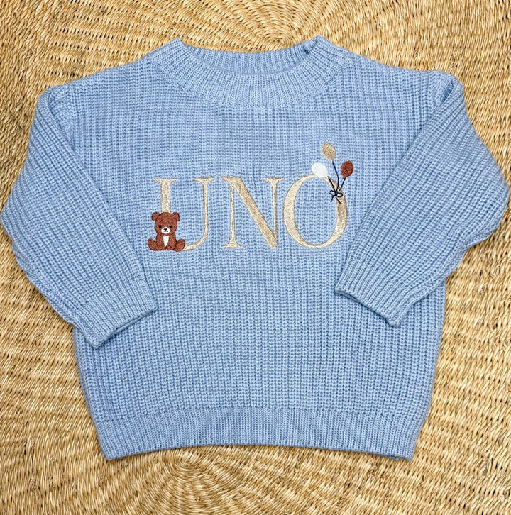 Personalized First Birthday Sweater | Baby Knit Sweater with Bear | Embroidered “UNO” Pullover