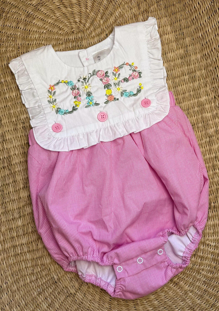 Floral Embroidered Pink Gingham Romper – Girls First Birthday Cake Smash Outfit