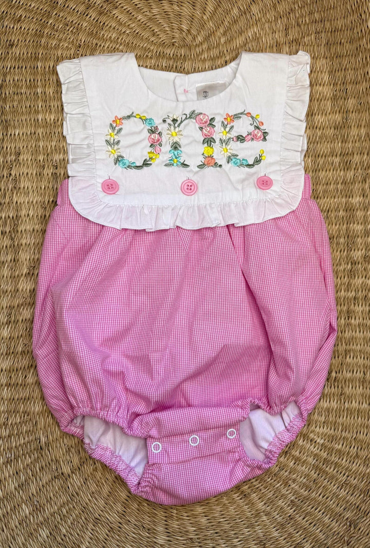 Floral Embroidered Pink Gingham Romper – Girls First Birthday Cake Smash Outfit