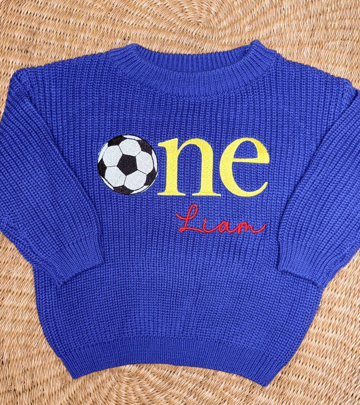 Embroidered First Birthday Soccer Sweater | Personalized Baby Outfit