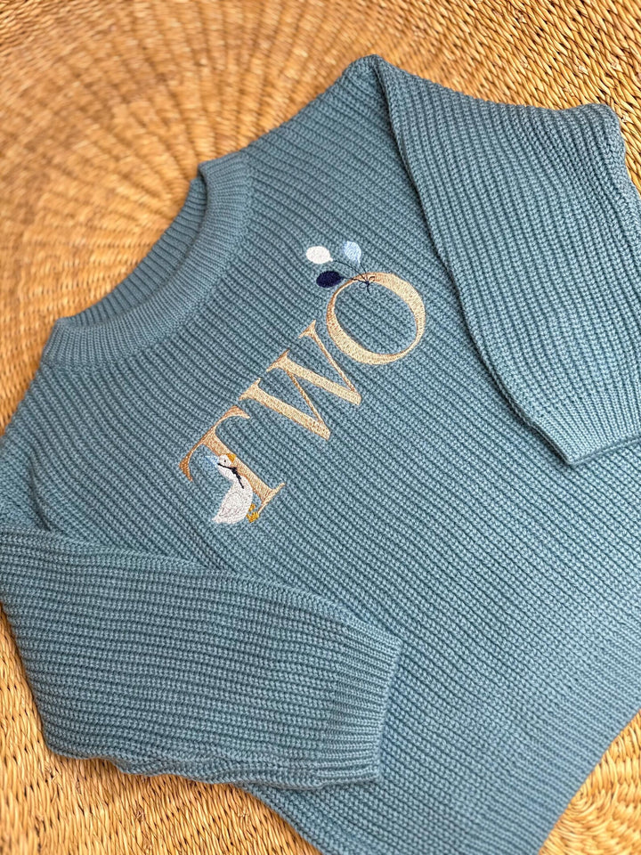 Embroidered Goose 2nd Birthday Sweater – Silly Goose Theme Cotton Knit