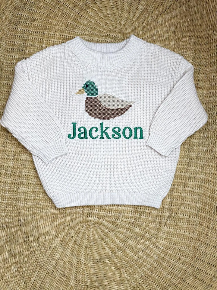 Personalized Cross Stitch Duck Sweater | Embroidered Baby Toddler Knit Pullover