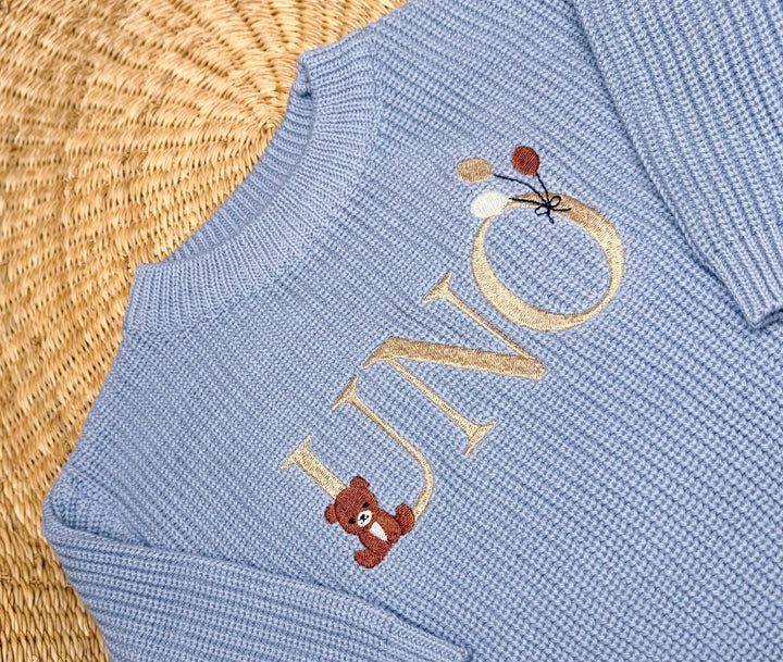 Personalized First Birthday Sweater | Baby Knit Sweater with Bear | Embroidered “UNO” Pullover